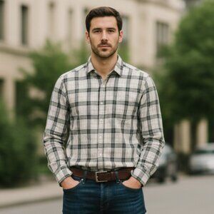 BOSS Orange Label Tonal Plaid Cotton Button Down Shirt, Size Medium